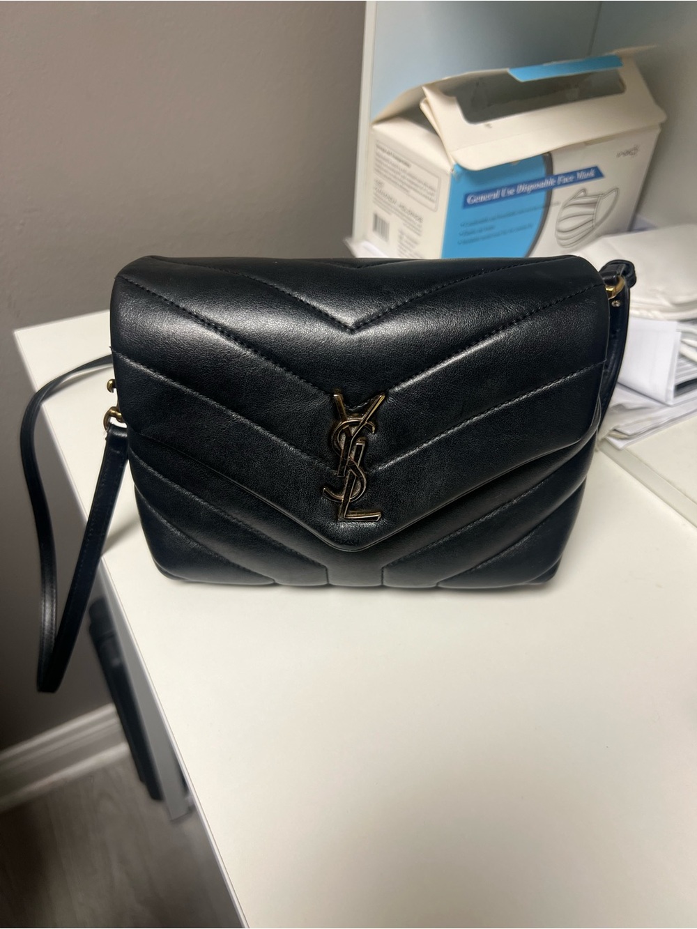 Yves Saint Laurent Black Chevron Quilted Crossbody with Gold YSL Emblem